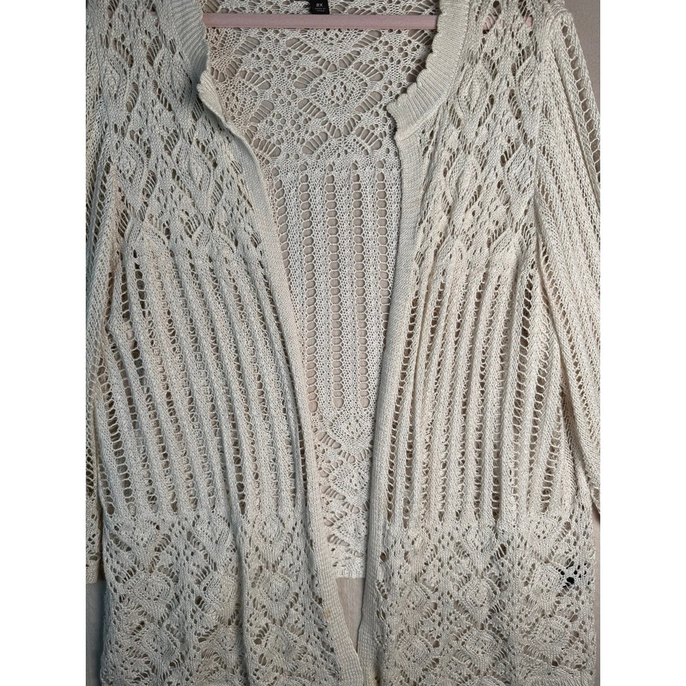 Investments Cardigan Women 2X Cream Excellent Crochet Pointelle Open Front Boho - Picture 2 of 7